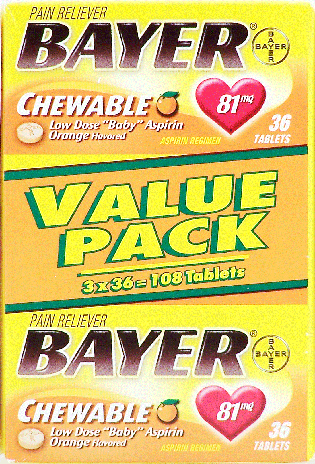 Bayer&nbsp;&nbsp;pain reliever, low dose baby aspirin, orange flavored, 81 mg, 3-36 ct packages Full-Size Picture